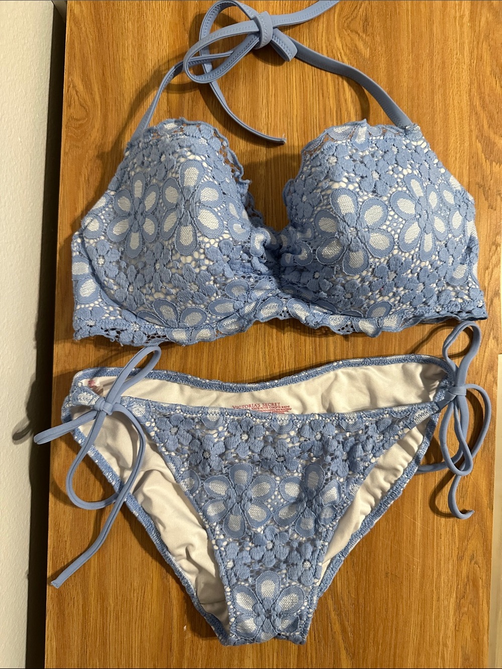 Victoria's Secret Light Blue Crochet Lace Halter Bikini Set